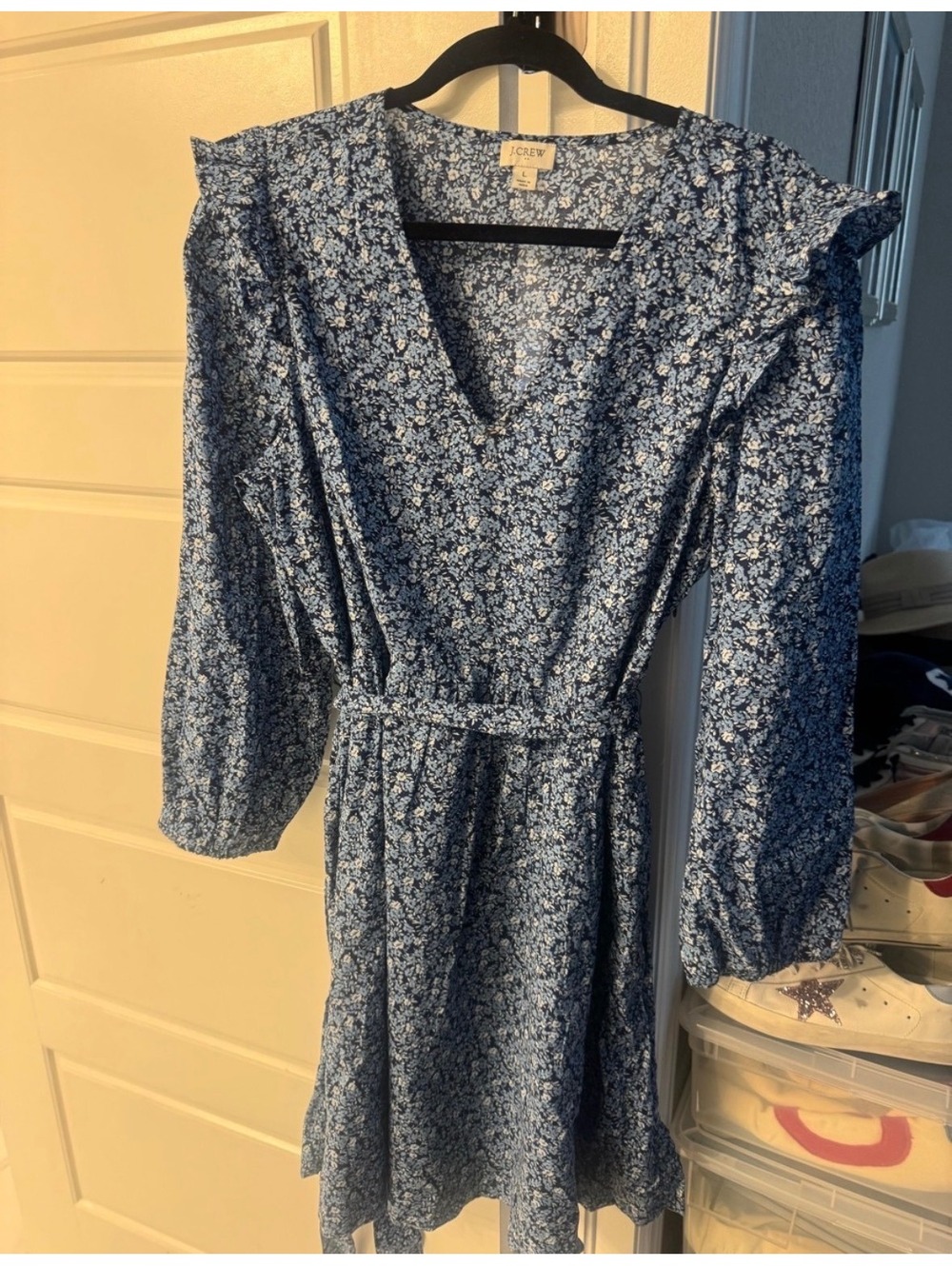J.Crew Floral Long Sleeve Dress in Blue, Size Large
